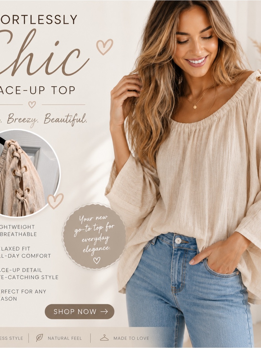 Effortlessly Chic Beige Lace-Up Women's Top